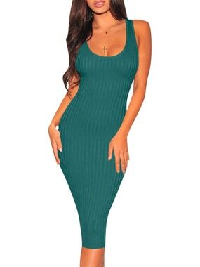 Women turquoise Green Scoop Neck Sleeveless Ribbed Knit Bodycon Midi Dress